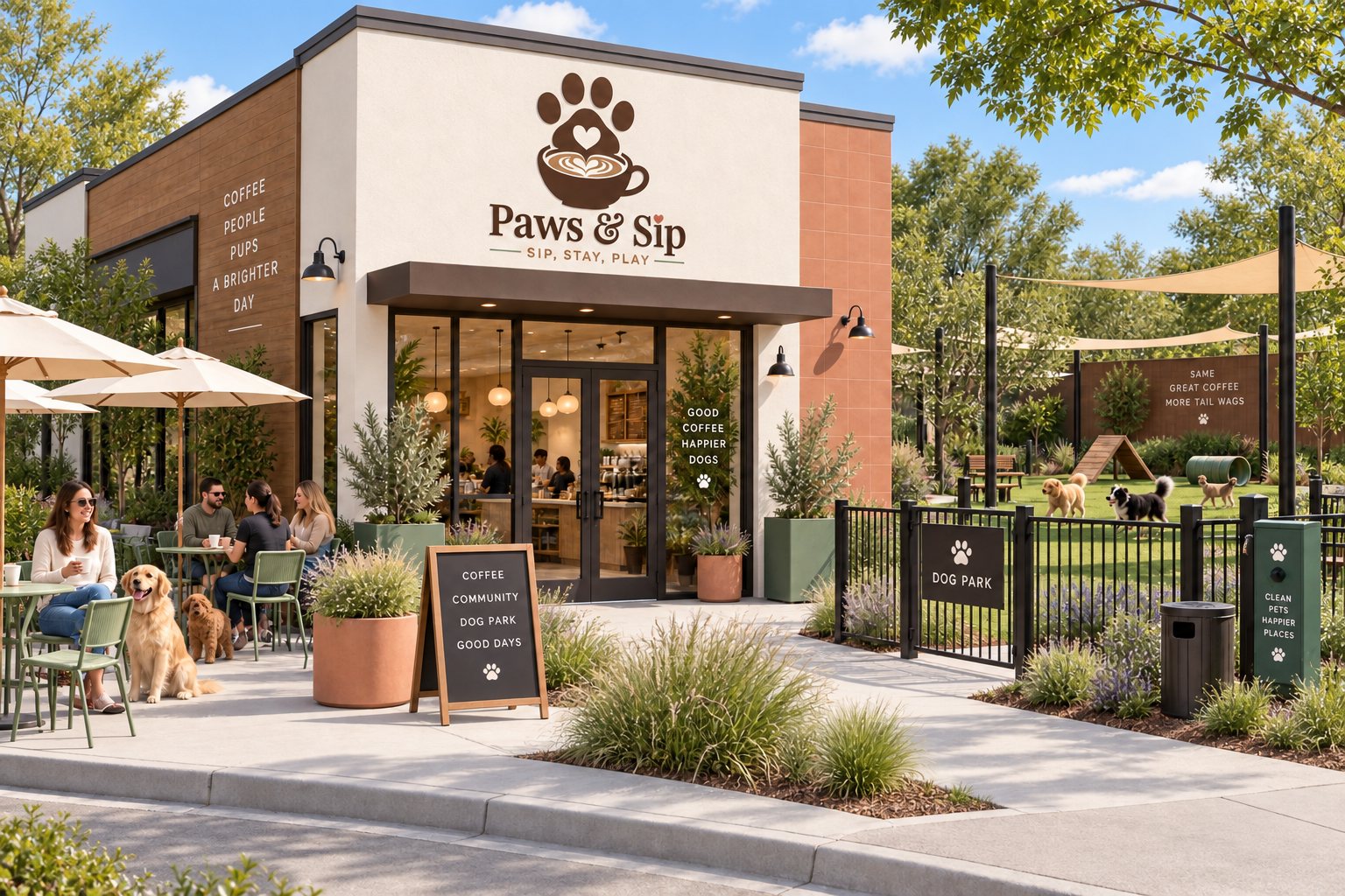 Paws & Sip café exterior with brand applied